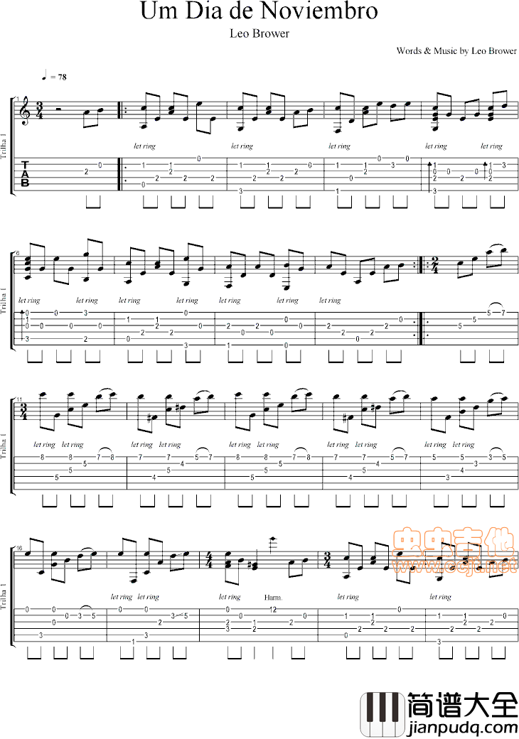 十一月的某一天指弹谱_原调六线谱_虫虫吉他编配_Leo_Brower