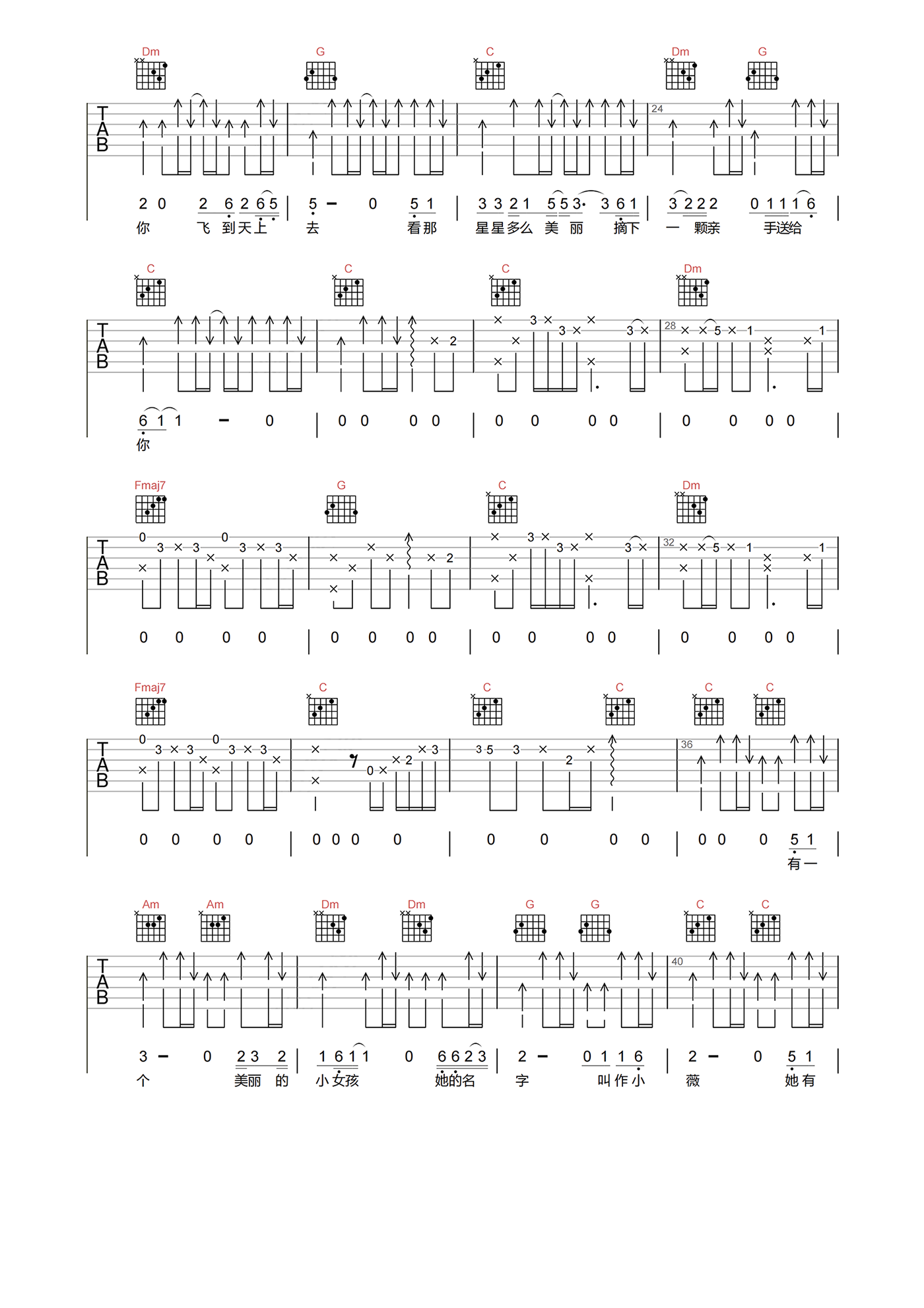 小薇吉他谱_黄品源_C调高清原版_附PDF六线谱