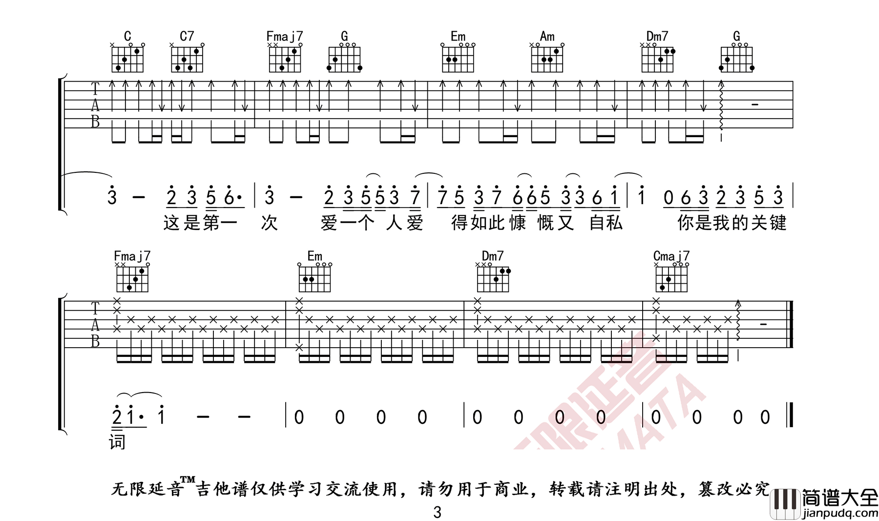 关键词吉他谱_林俊杰_C调指法原版编配