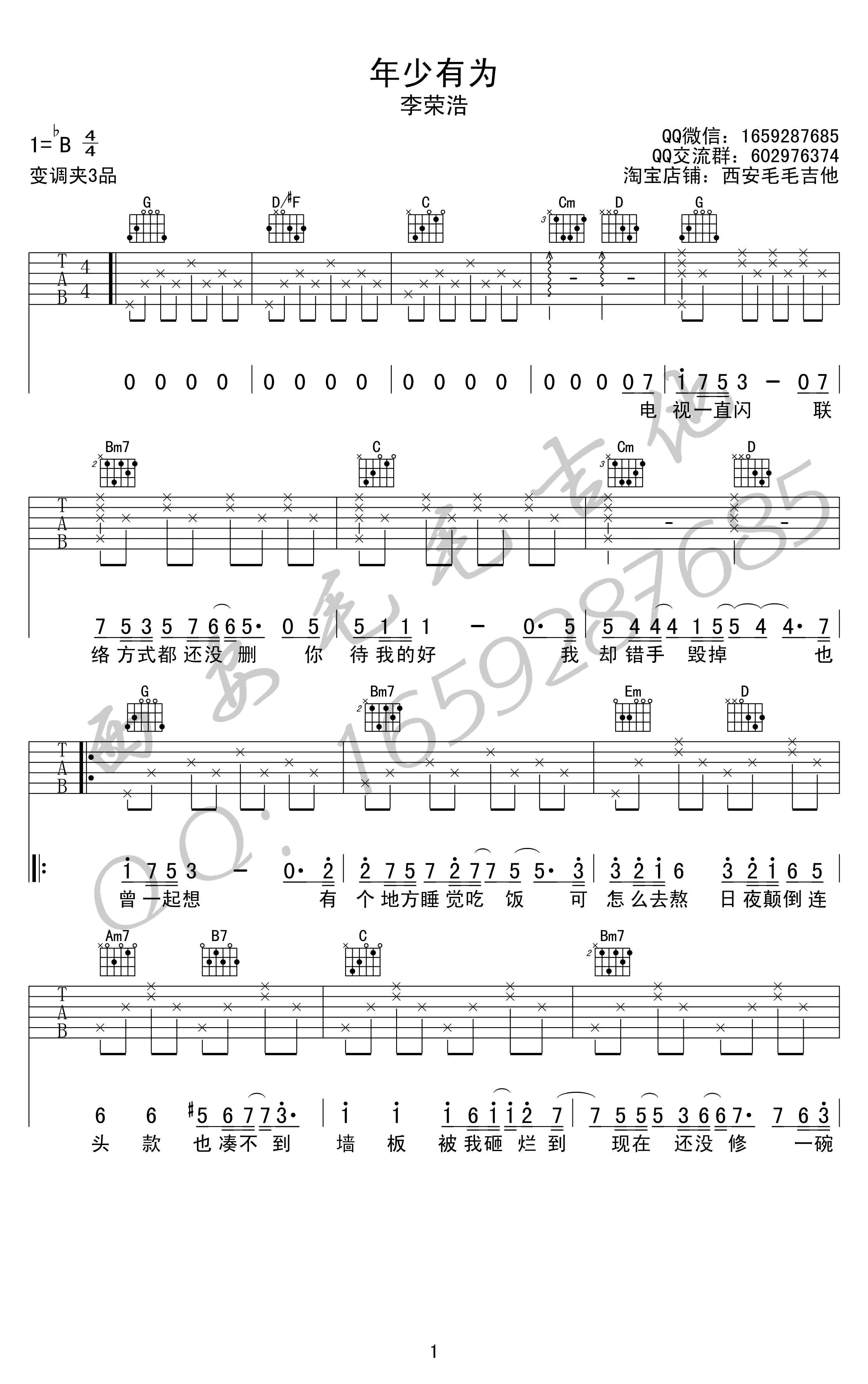 年少有为吉他谱_G调简单版_毛毛吉他编配_李荣浩