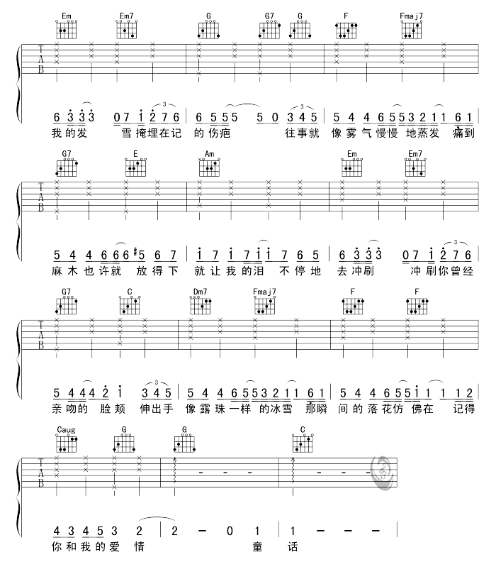韩雪_飘雪_吉他谱_C调原版六线谱_飘雪吉他弹唱谱