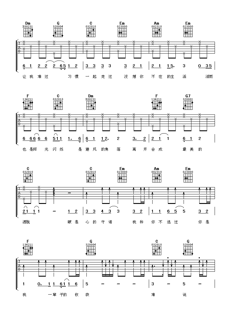 难说再见吉他谱_C调六线谱_阿潘音乐工场编配_成龙