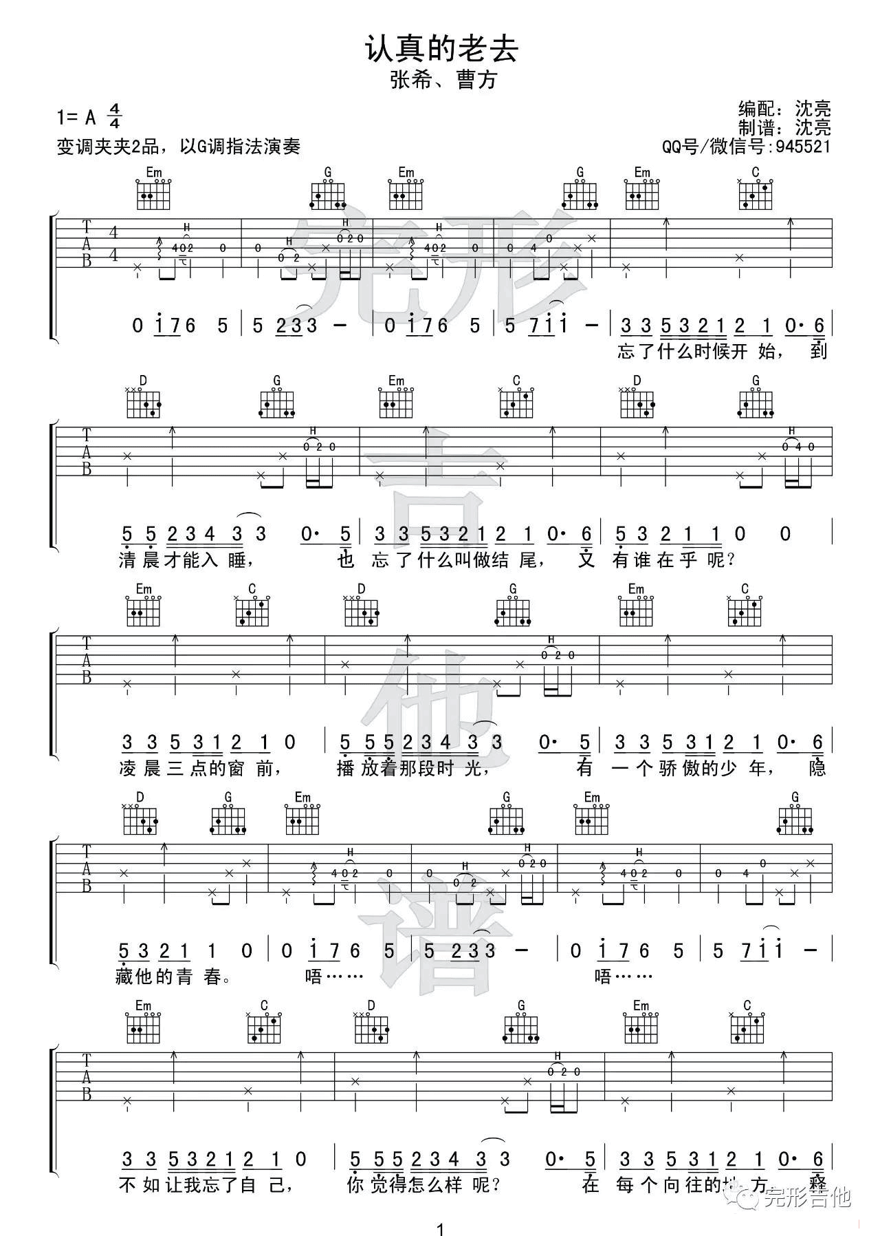 认真的老去吉他谱_G调_完形吉他编配_曹方