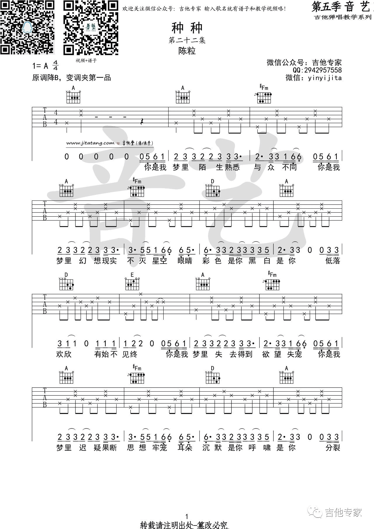 种种吉他谱_A调弹唱谱_音艺吉他专家编配_陈粒