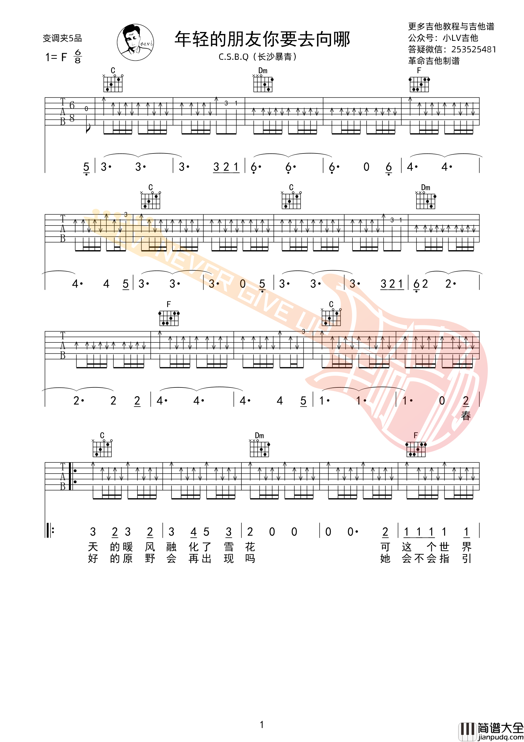 _年轻的朋友你要去向哪_吉他谱C调_革命吉他编配