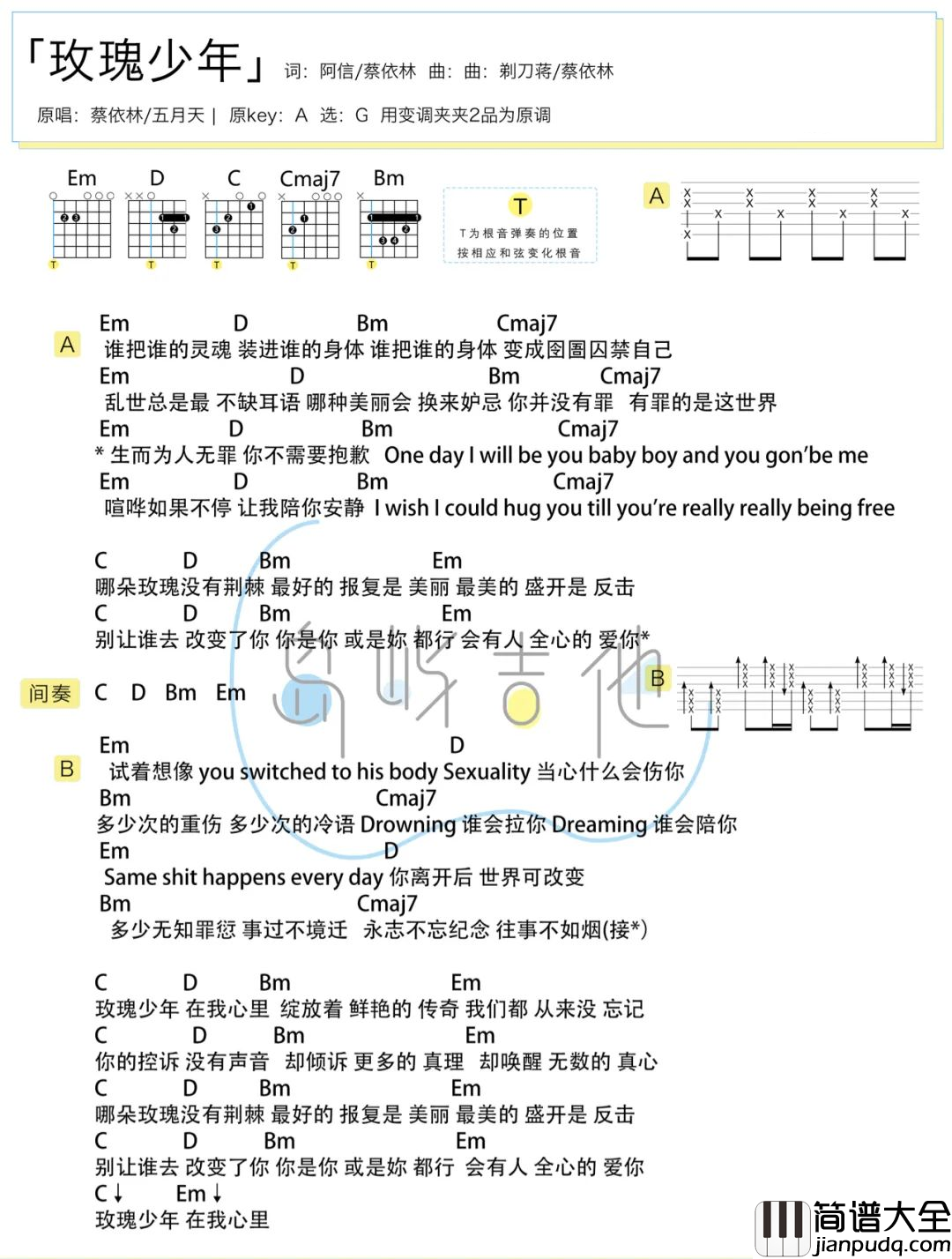 玫瑰少年吉他谱_蔡依林/五月天_G调简单原版_弹唱演示教学