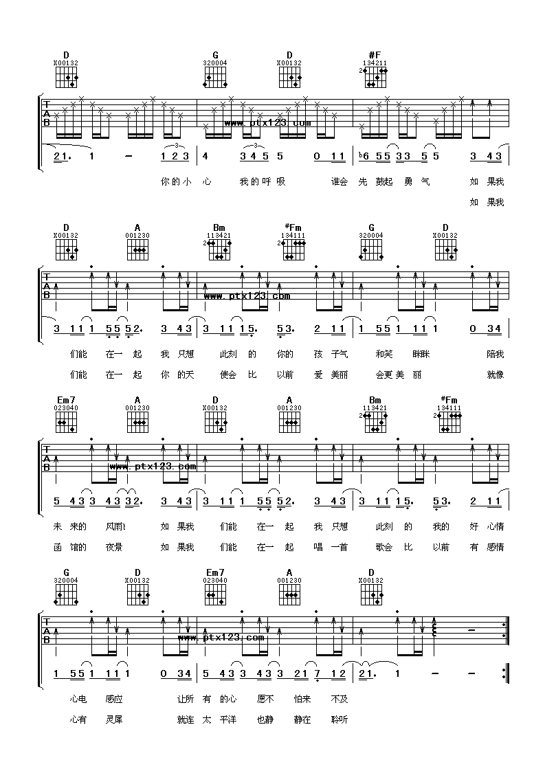 如果能在一起吉他谱_D调女生版_阿潘音乐工场编配_梁静茹