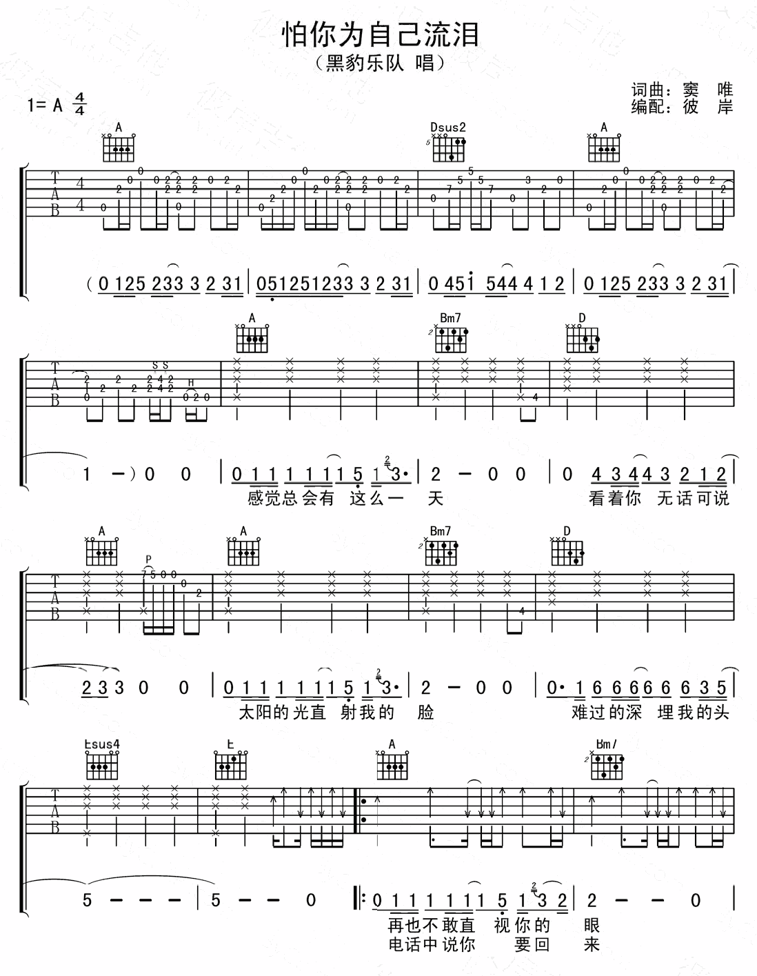 怕你为自己流泪吉他谱_A调精选版_彼岸吉他编配_黑豹乐队