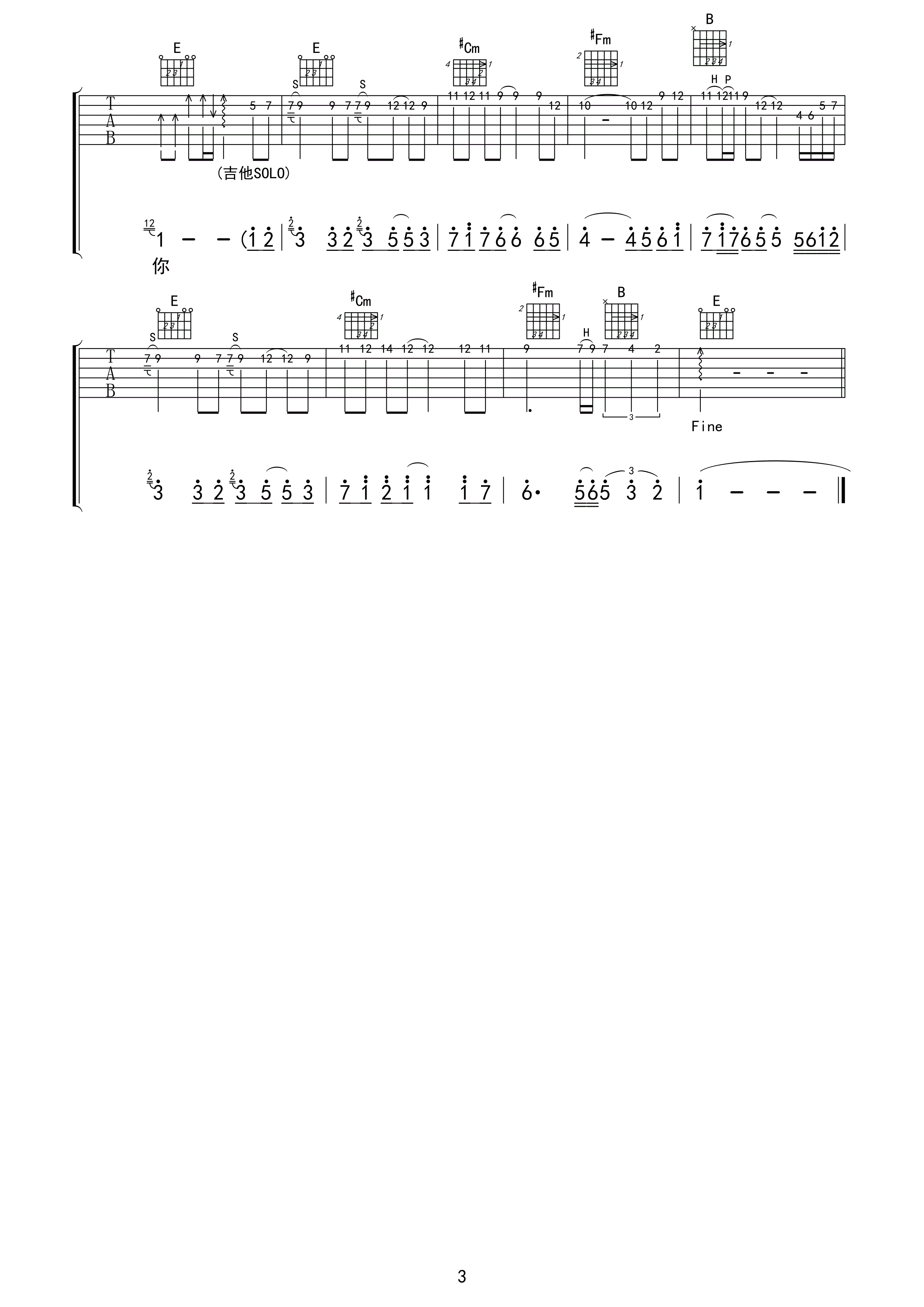 看透爱情看透你吉他谱_E调六线谱_双吉他版_冷漠