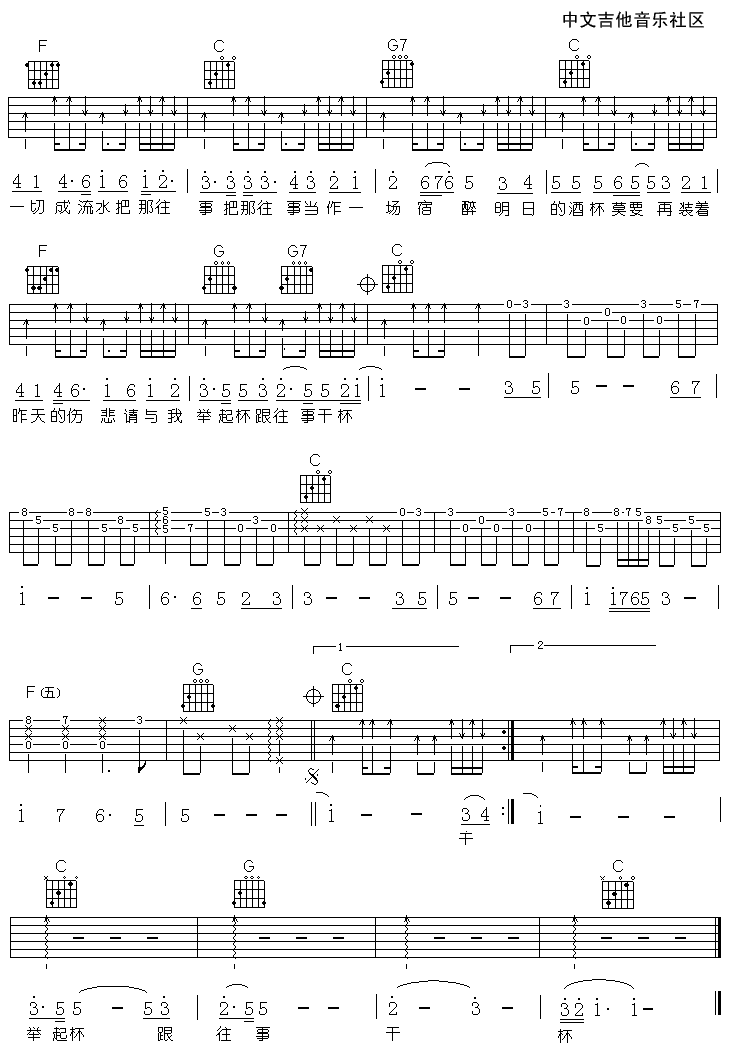 _跟往事干杯_吉他谱_C调原版弹唱六线谱_高清图片谱_姜育恒