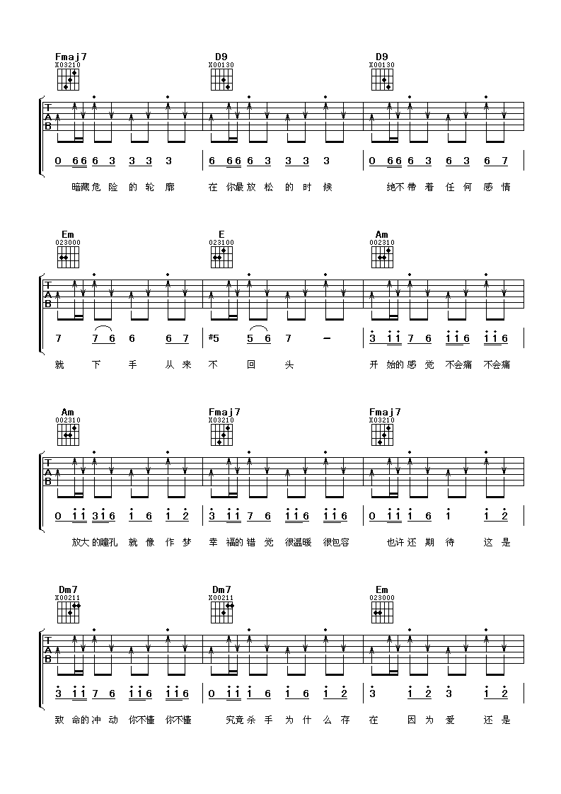 杀手吉他谱_C调六线谱_阿潘音乐工场编配_林俊杰