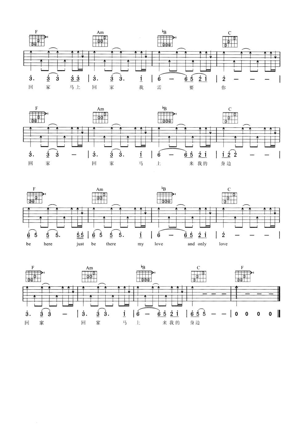 回家吉他谱_F调六线谱_简单版_顺子