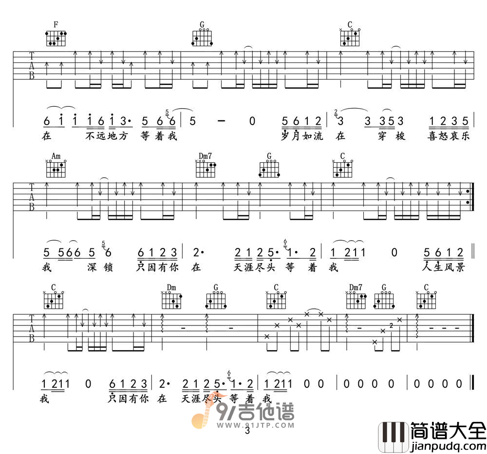 车继铃_最远的你是我最近的爱_吉他谱_C调指法原版编配_民谣吉他弹唱六线谱