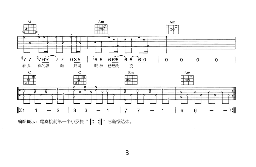 呐喊吉他谱_C调六线谱_简单版_张韶涵