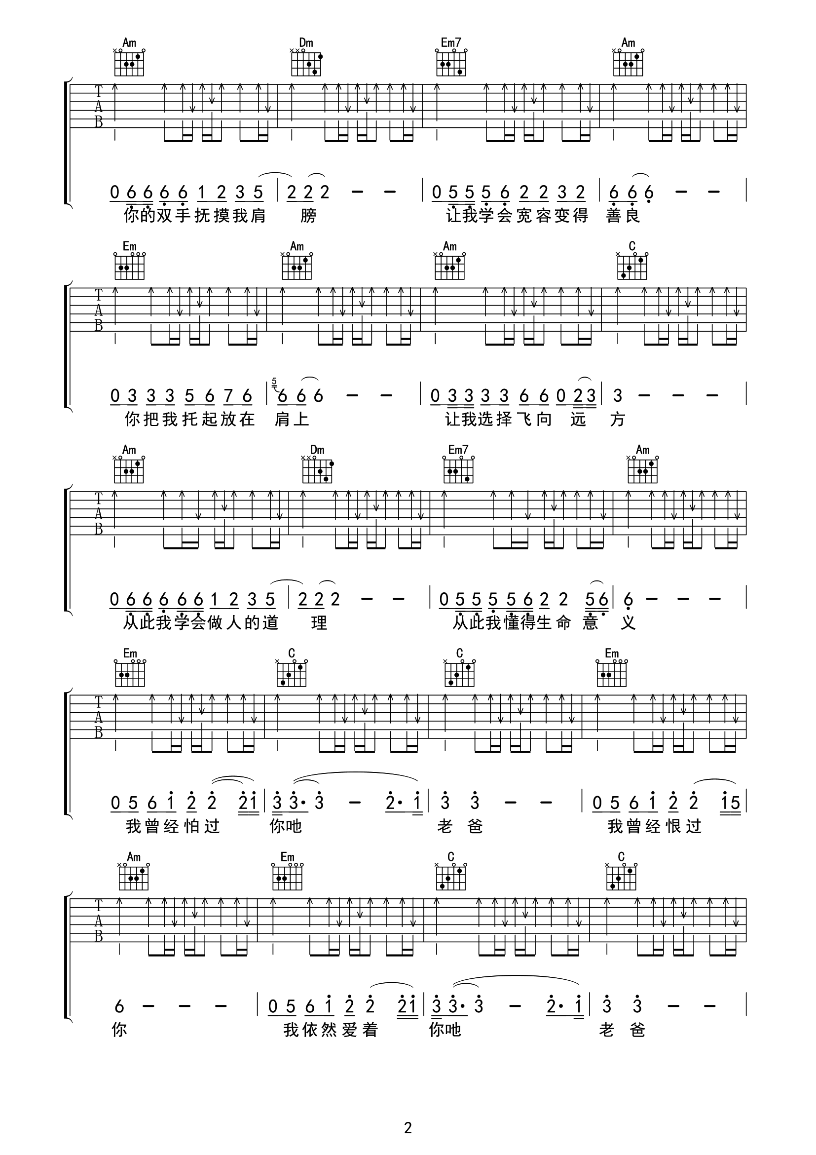 老爸吉他谱_彝人制造_C调指法原版六线谱