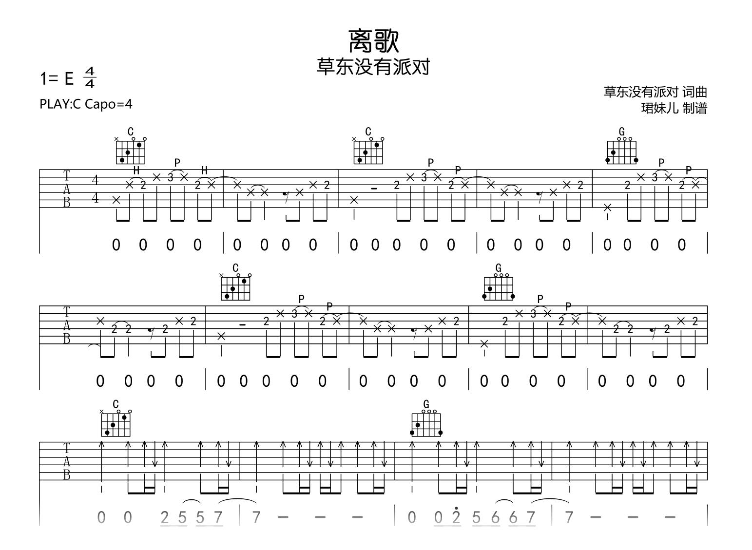 离歌吉他谱_草东没有派对_C调弹唱谱_完整高清版