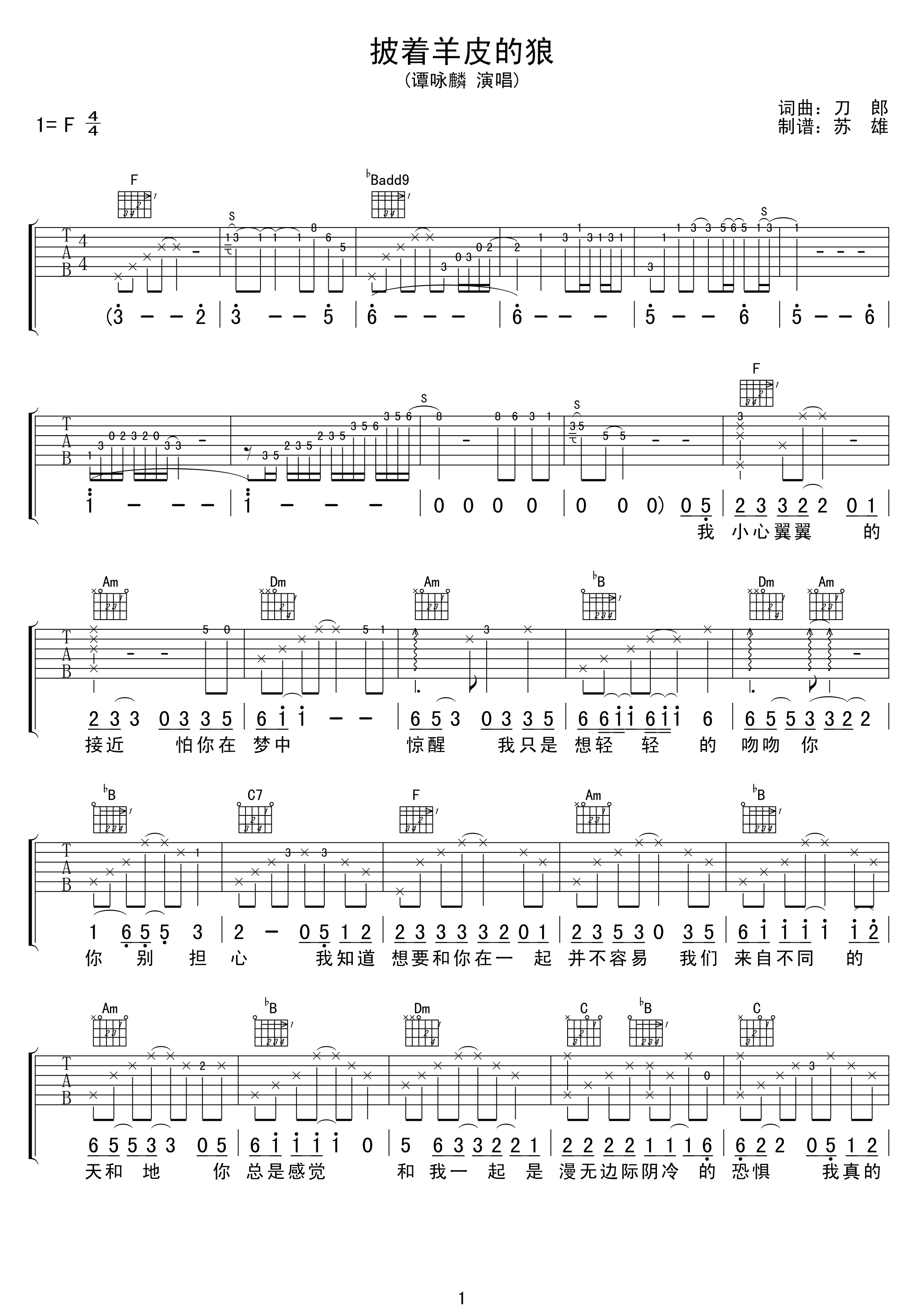 披着羊皮的狼吉他谱_F调精选版_苏雄编配_谭咏麟
