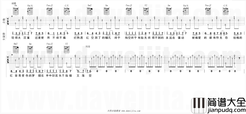 白玫瑰吉他谱_C调精选版_大伟吉他教室编配_陈奕迅