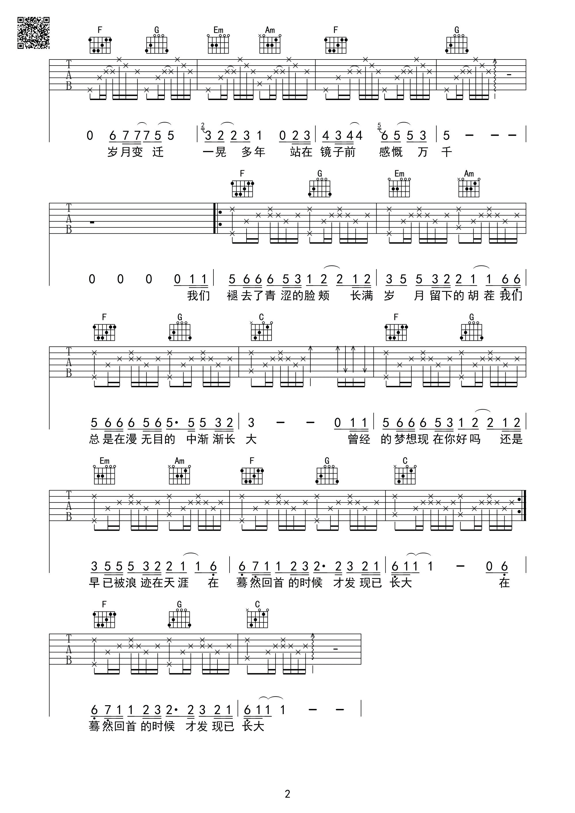 长大吉他谱_E调六线谱_芃文琴行音乐编配_钟易轩