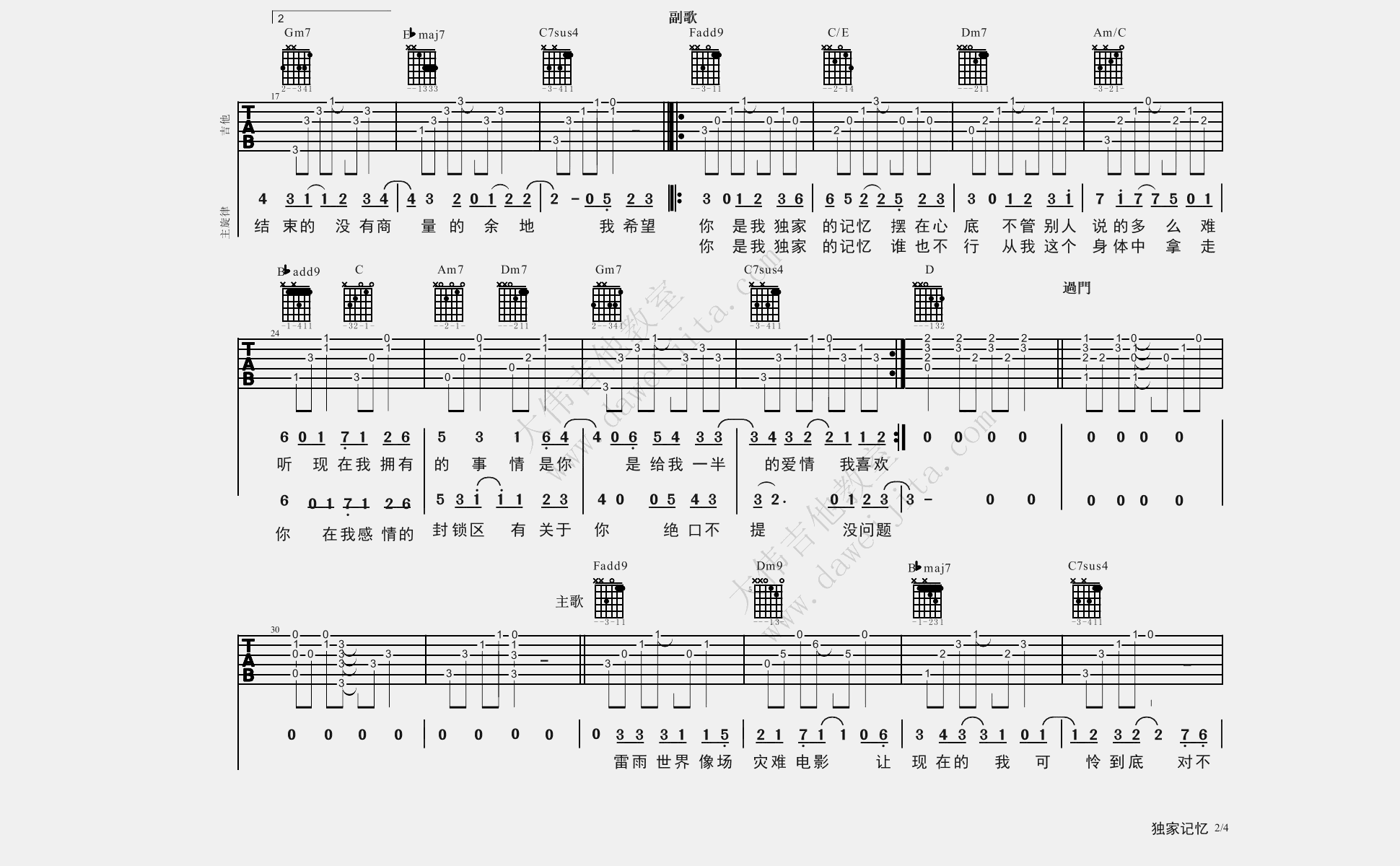 独家记忆吉他谱_陈小春_F调原版六线谱_吉他弹唱教学