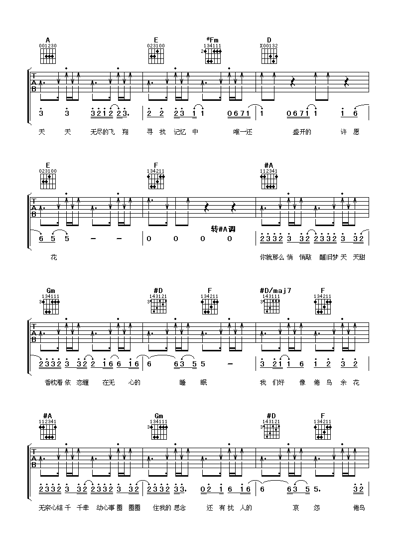 倦鸟余花吉他谱_A调_阿潘音乐工场编配_游鸿明