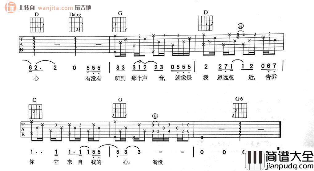 来自我心吉他谱_老狼_C调精细版六线谱_高清图片谱