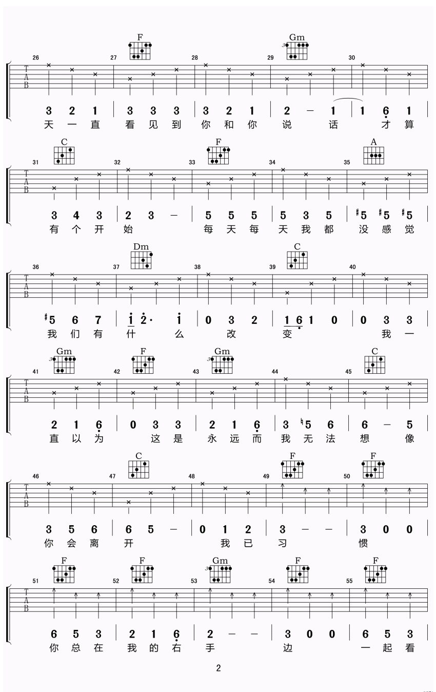 每天每天吉他谱_F调六线谱_简单版_方大同