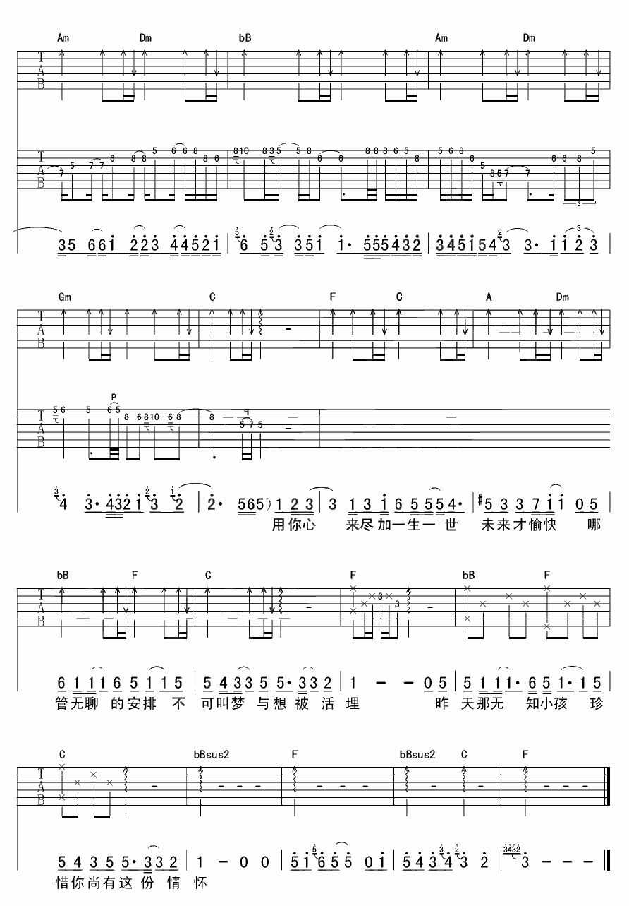 一晚长大吉他谱_F调六线谱_苏波编配_刘德华