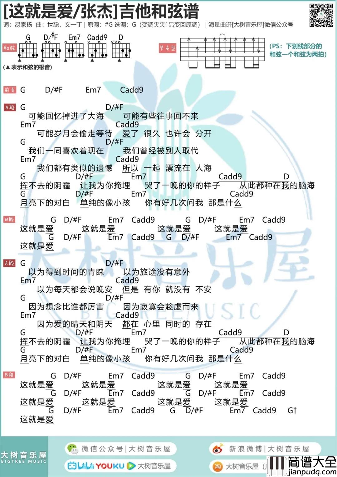 这，就是爱吉他谱_G调和弦谱_大树音乐屋编配_张杰