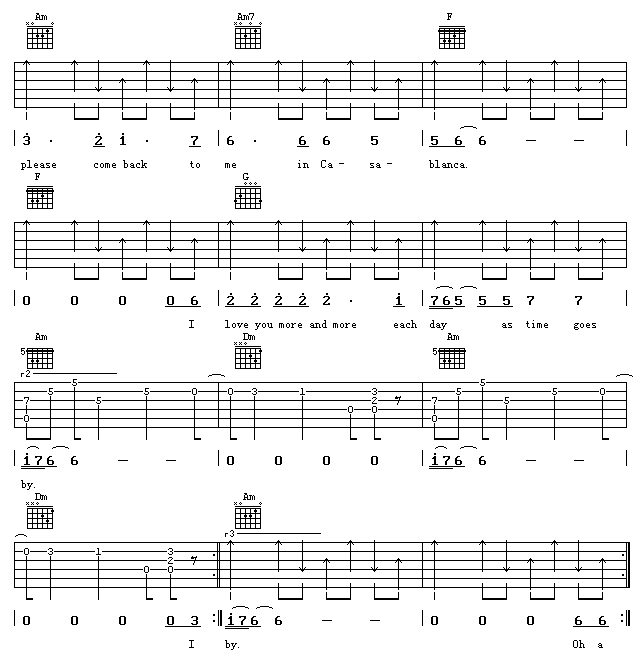 卡萨布兰卡吉他谱_A调扫弦版_17吉他编配_贝蒂·希金斯