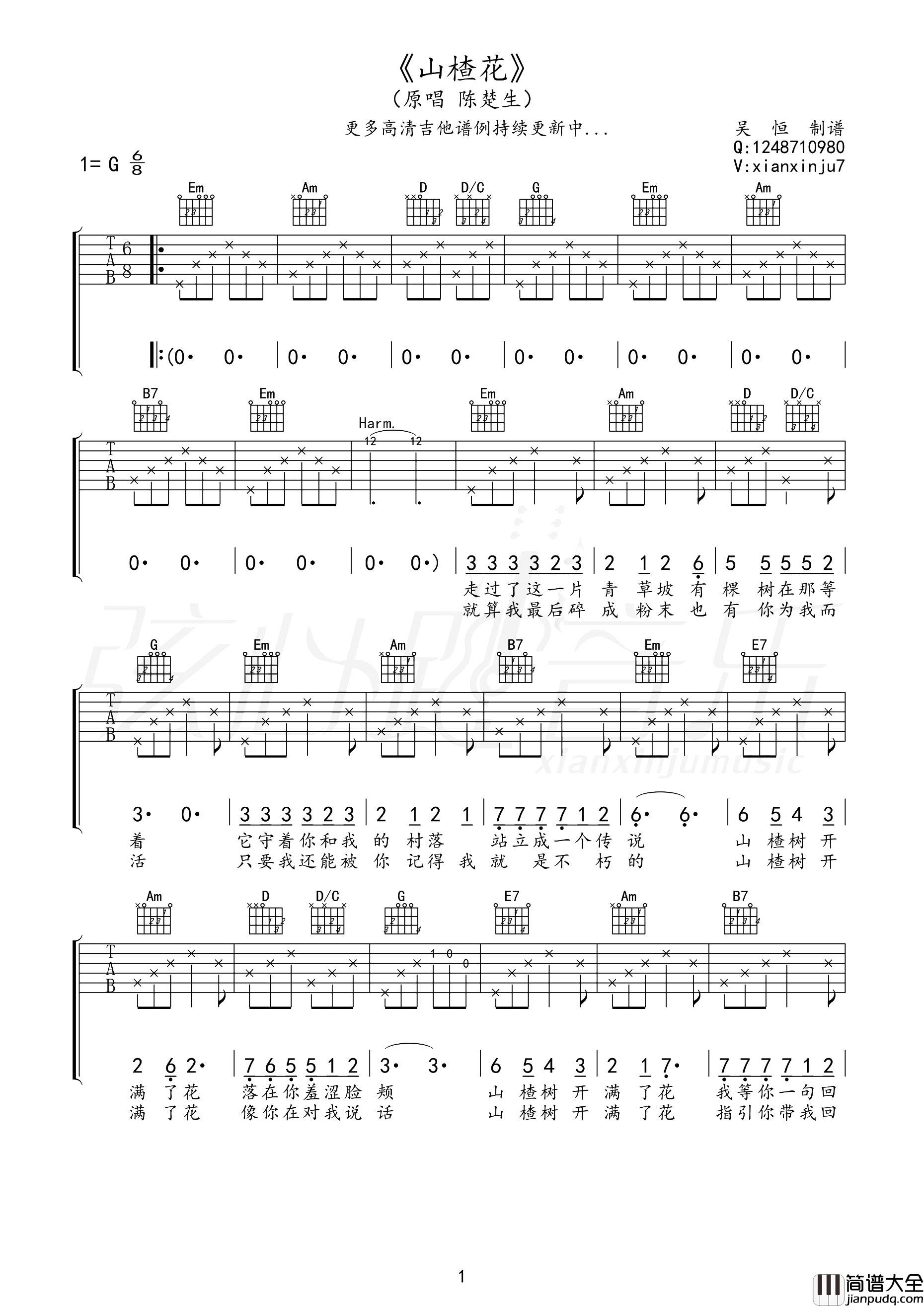 山楂花吉他谱_陈楚生_山楂花_G调吉他弹唱六线谱