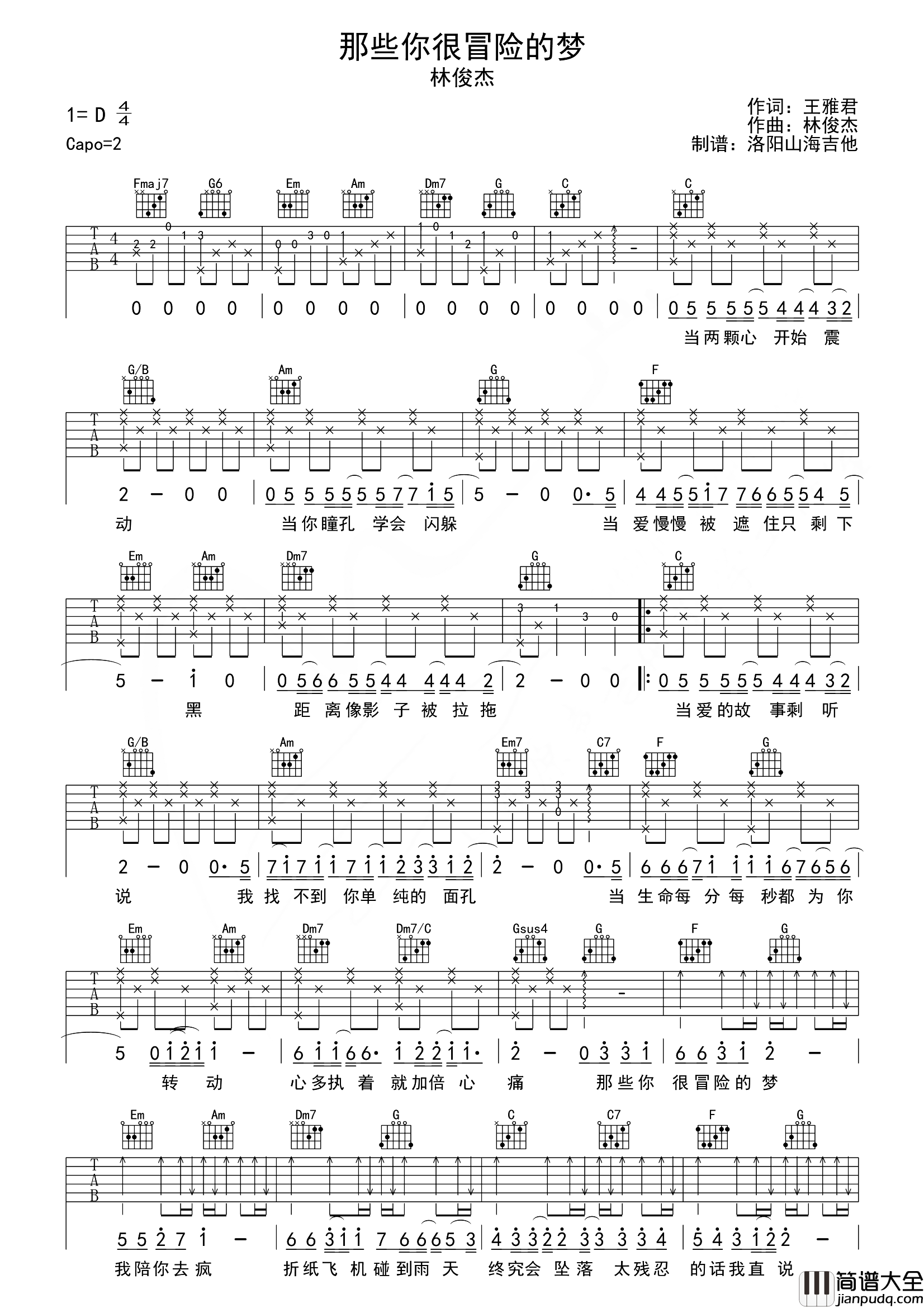 那些你很冒险的梦吉他谱_林俊杰_C调完整版编配