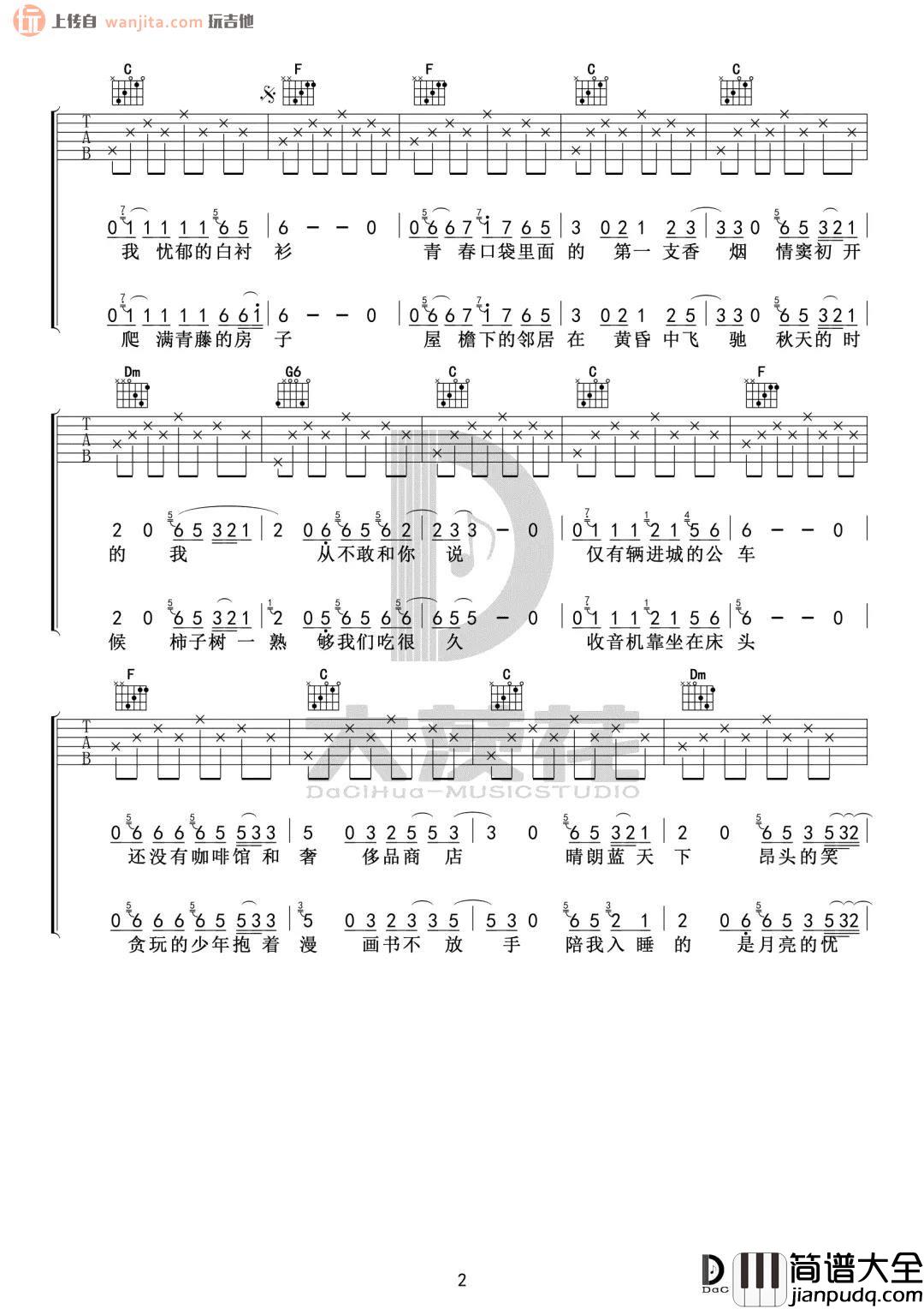 _少年锦时_吉他谱_C调简单版六线谱_高清图片谱_赵雷