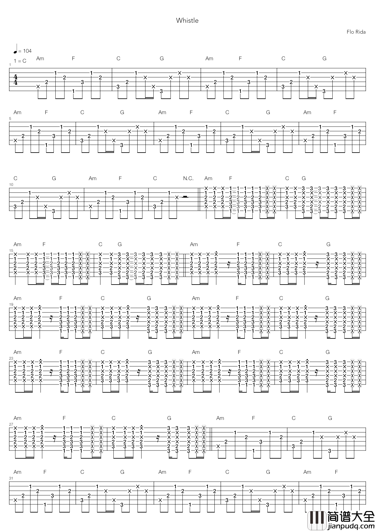 whistle指弹谱_C调六线谱_高清版_Flo_Rida