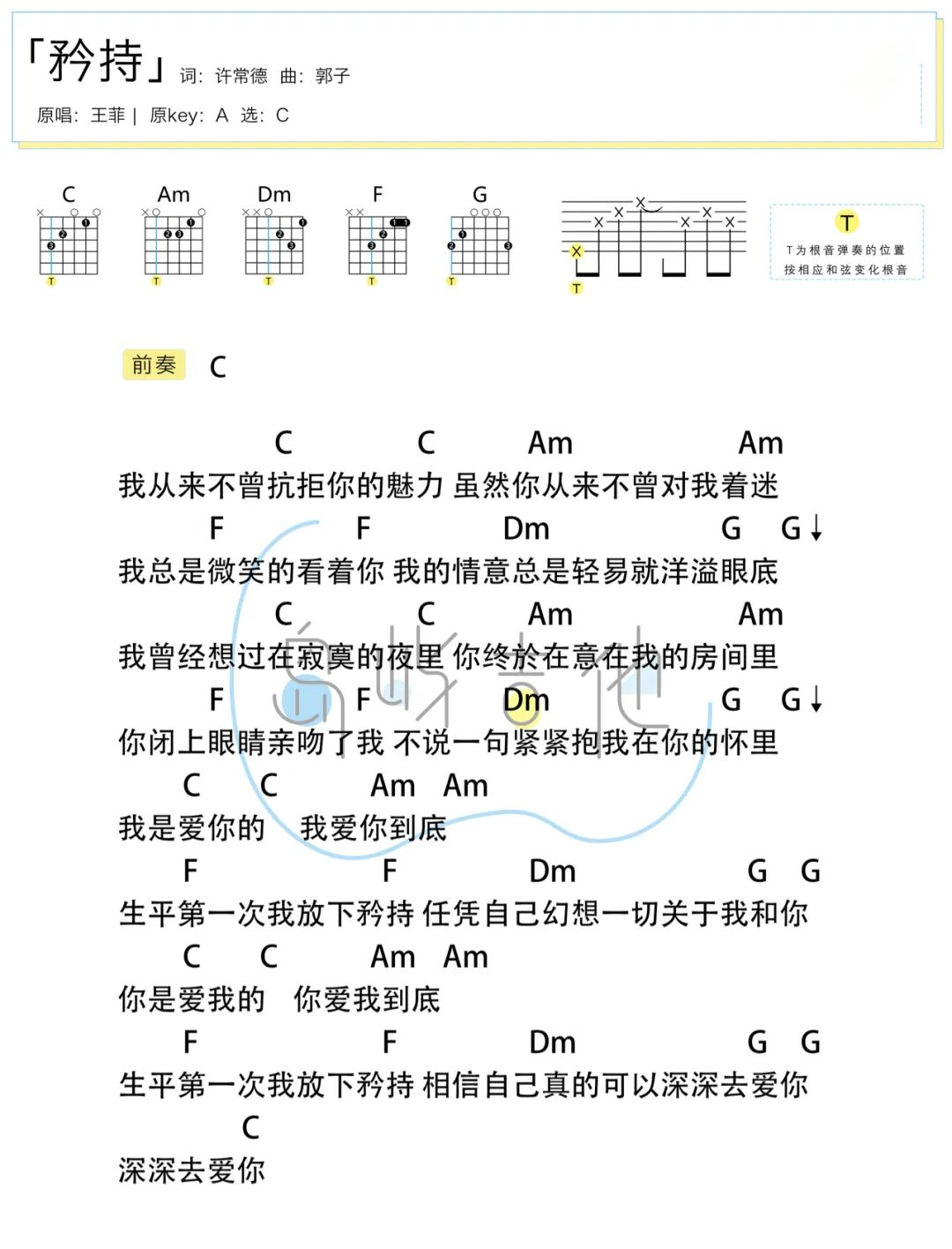 矜持吉他谱_王菲_A调简单版弹唱谱_图片谱