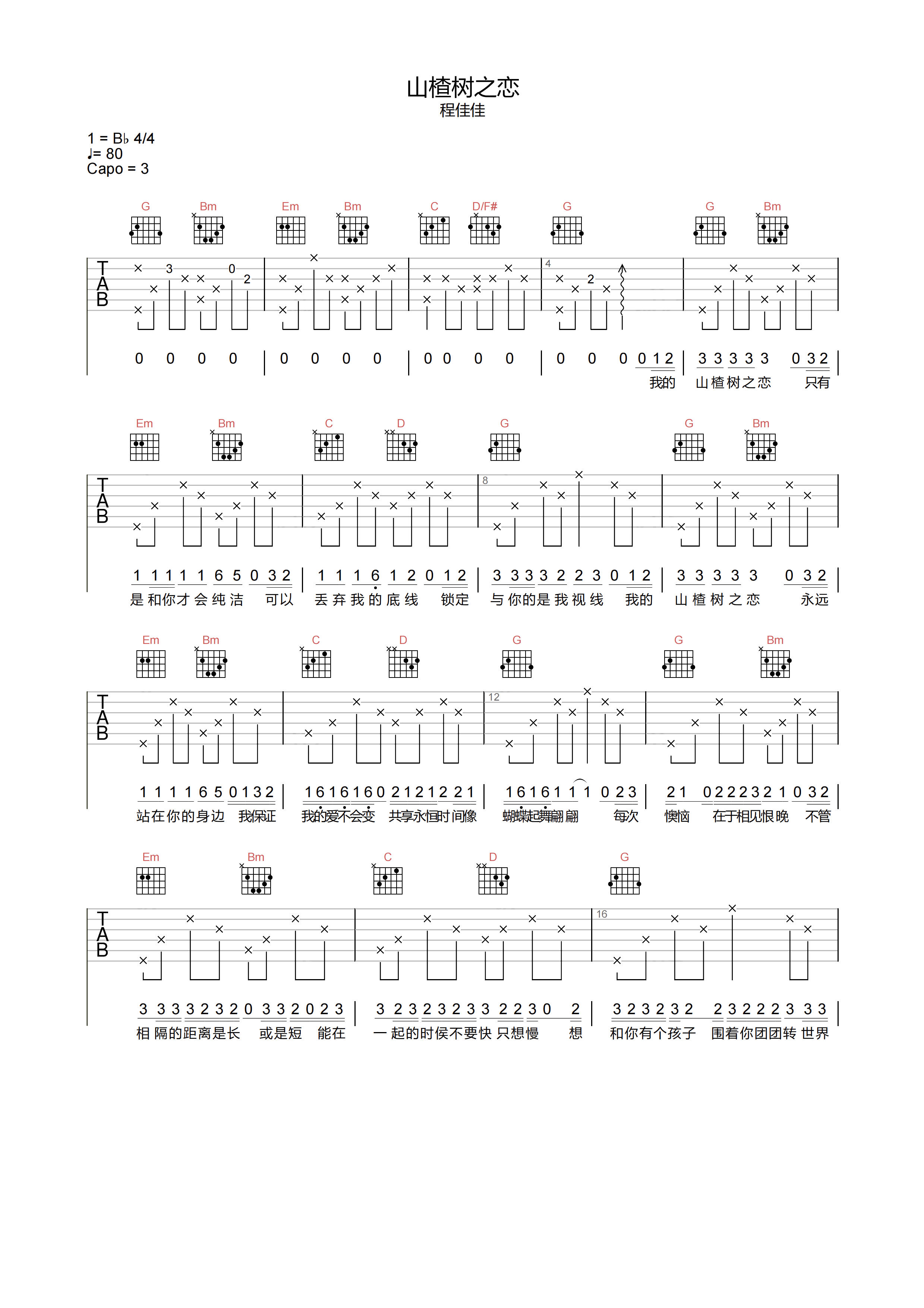 程佳佳_山楂树之恋_吉他谱_G调原版弹唱谱