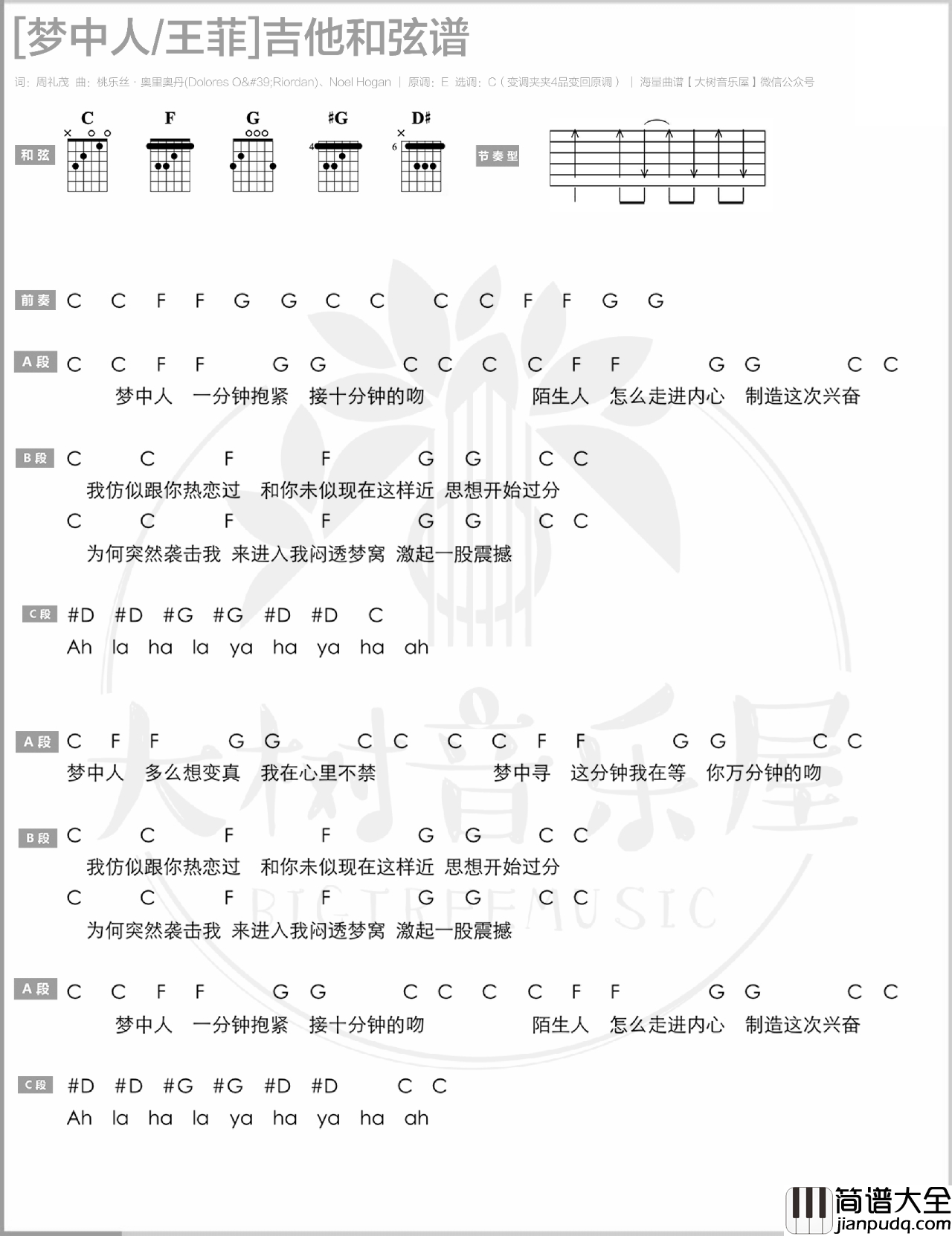 梦中人吉他谱_王菲_C调精编超原版_弹唱演示教学