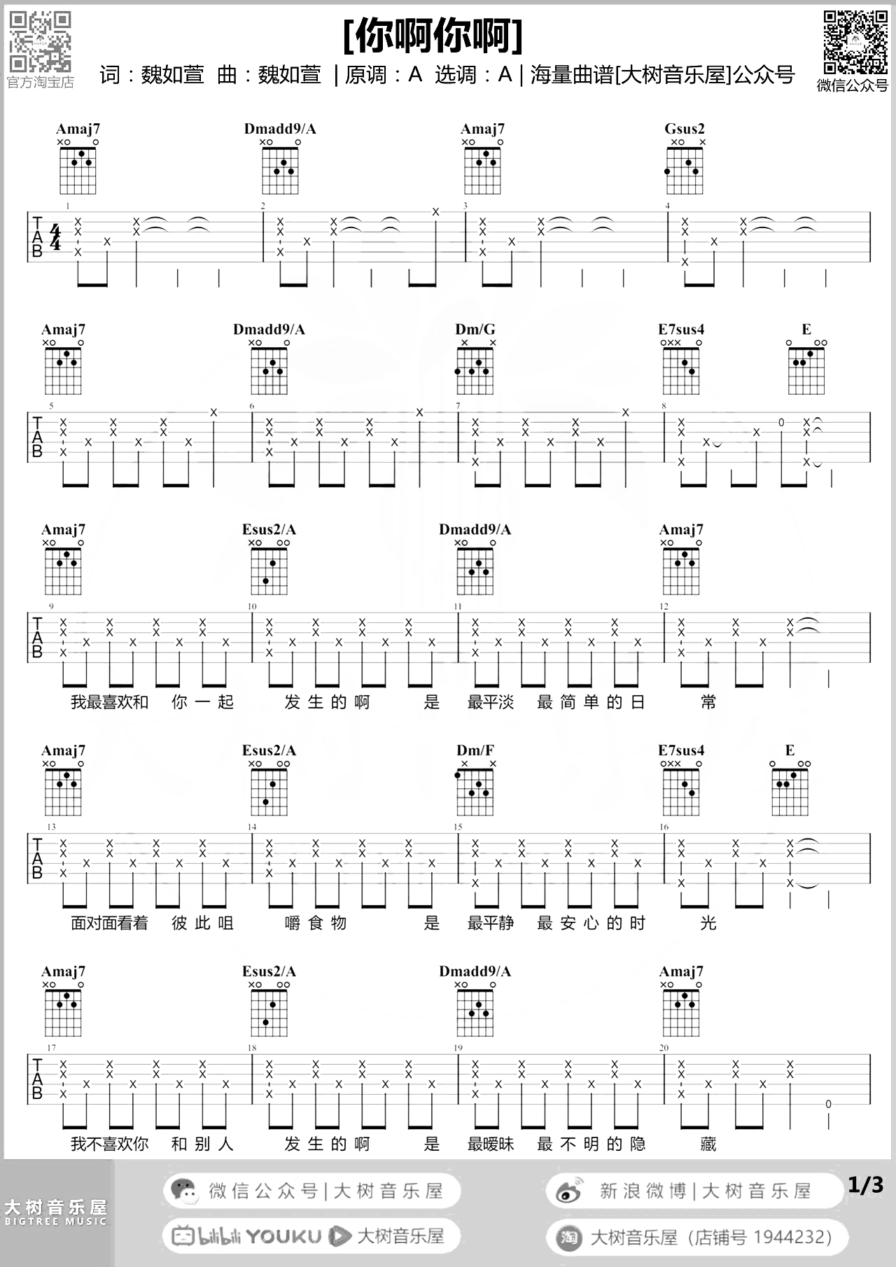 你啊你啊吉他谱_魏如萱_A调原版六线谱_吉他弹唱演示