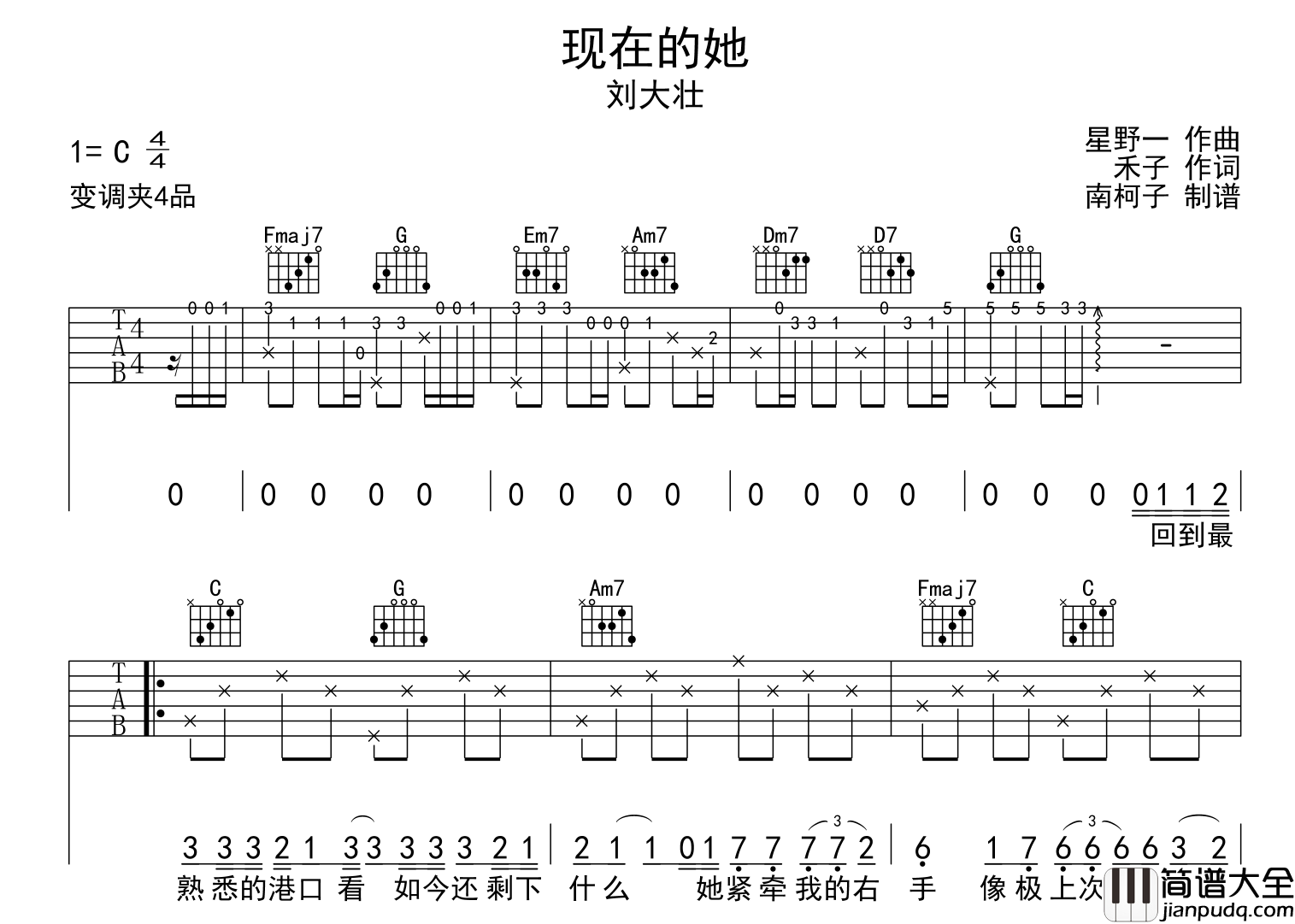 现在的她吉他谱_刘大壮_C调六线谱_吉他弹唱谱