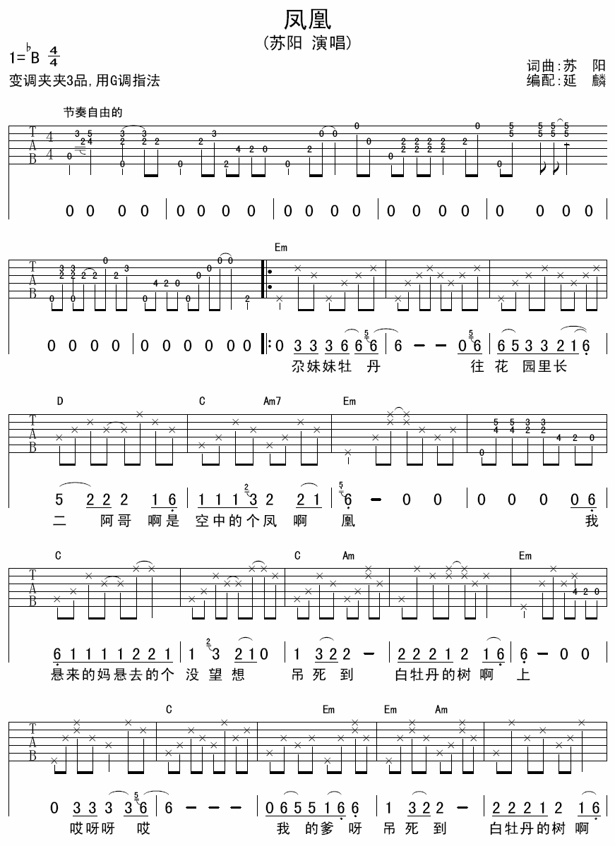 凤凰吉他谱_B调六线谱_延麟编配_苏阳
