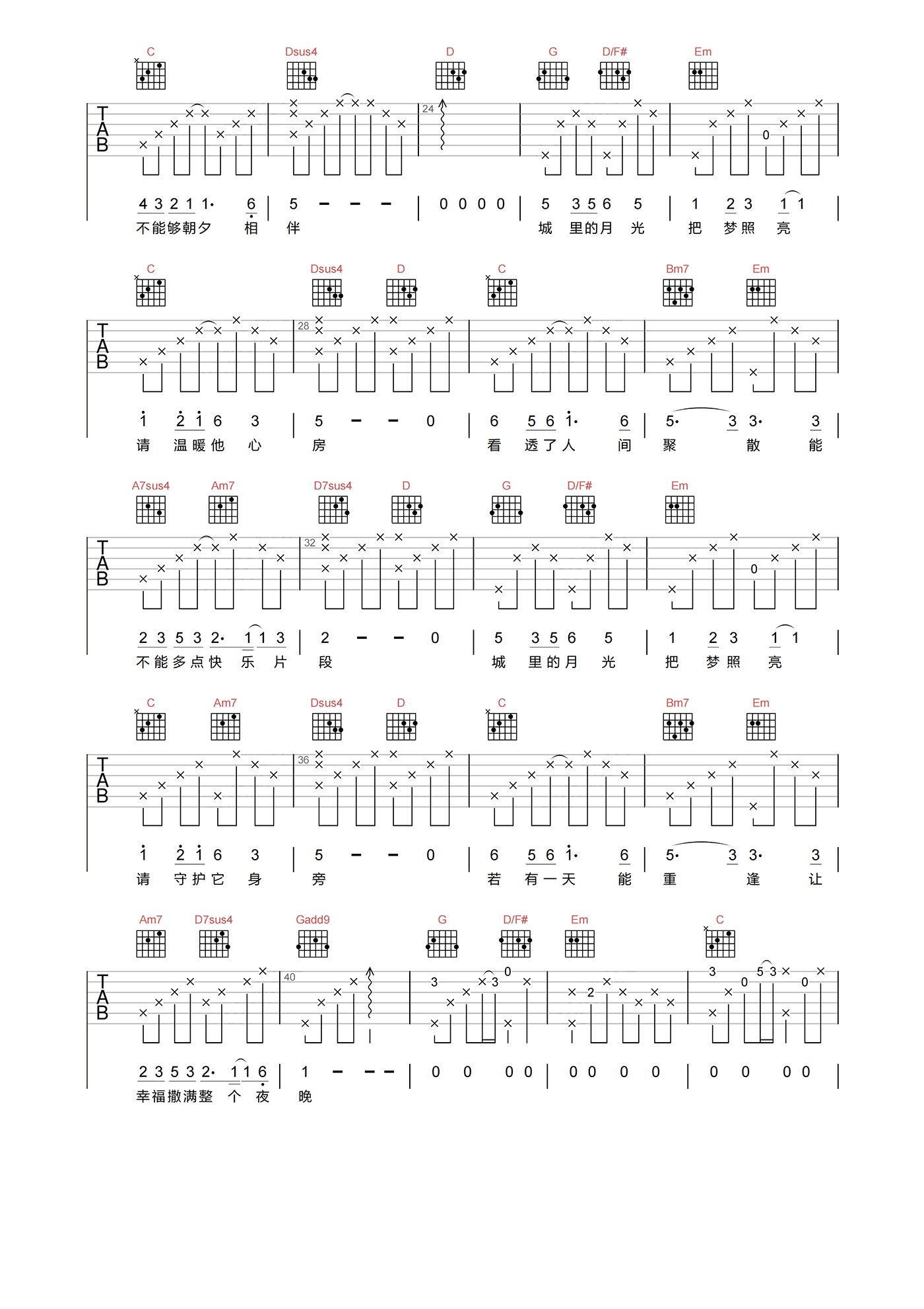 许美静_城里的月光_吉他谱_G调原版吉他弹唱谱
