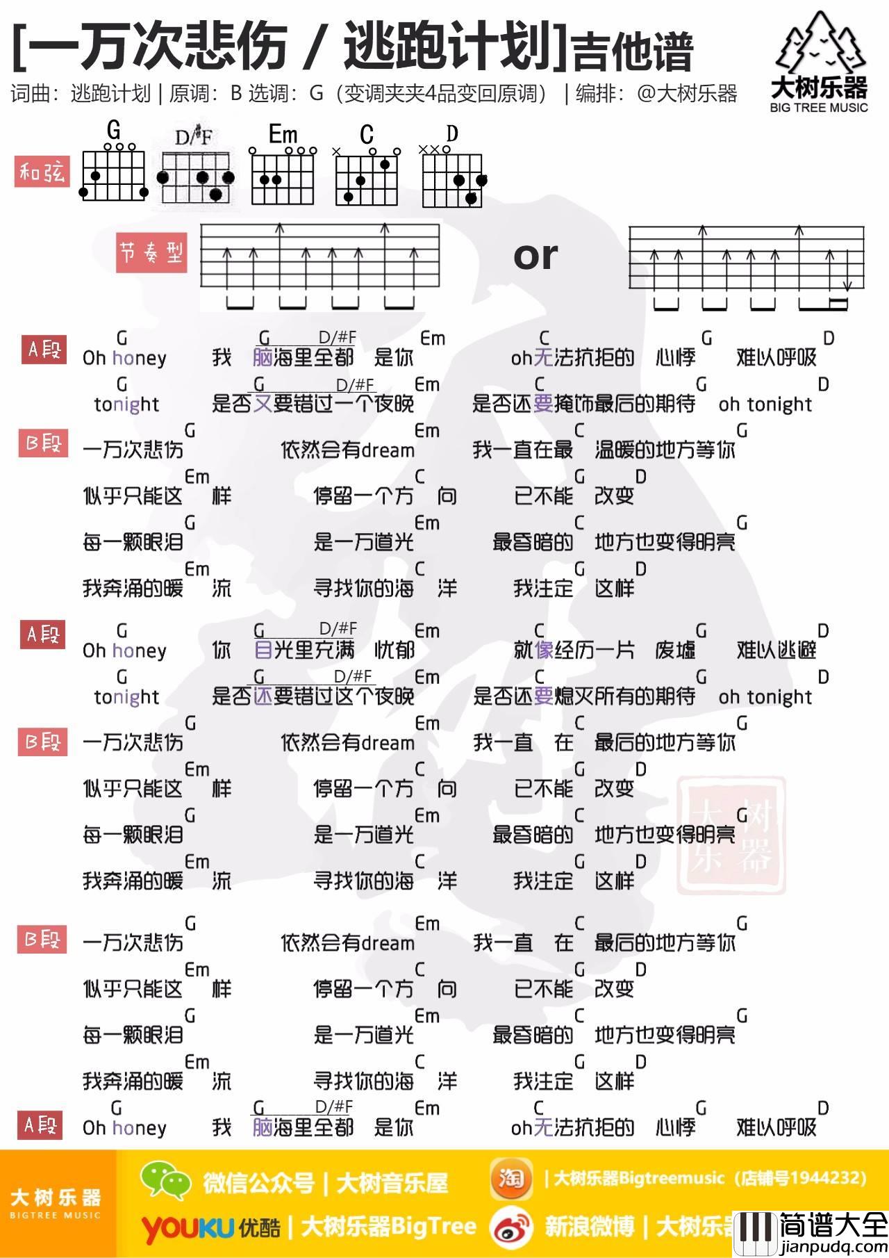 一万次悲伤吉他谱_G调和弦谱_大树音乐屋编配_逃跑计划