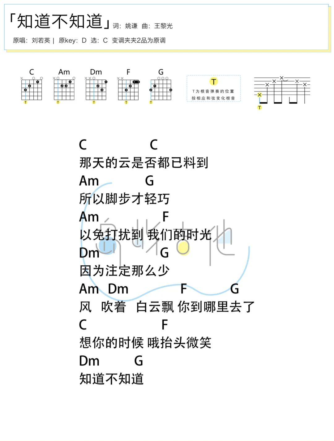 知道不知道吉他谱_刘若英_C调简单版_附PDF图片谱