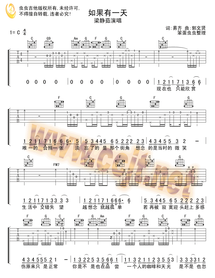 梁静茹_如果有一天_吉他谱_C调指法吉他谱