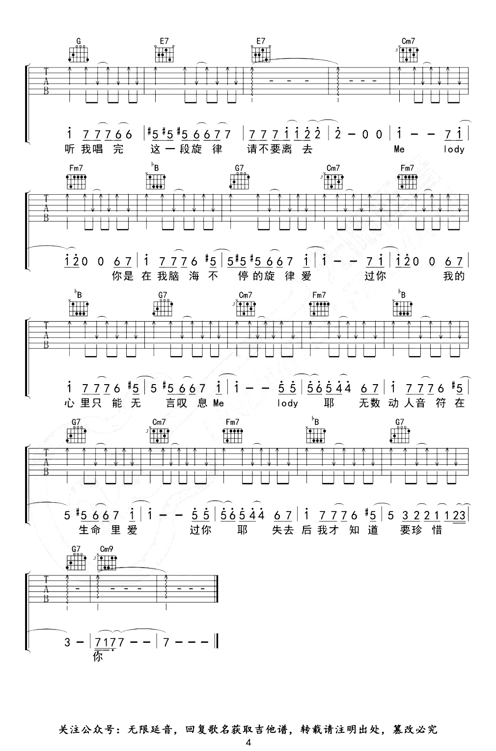 Melody吉他谱_C调指法_陶喆_弹唱六线谱