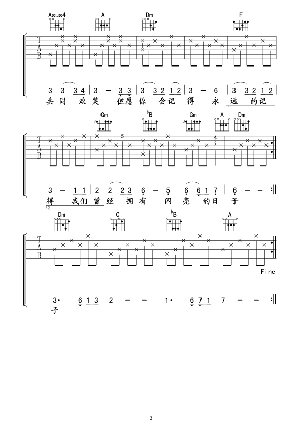 闪亮的日子吉他谱_F调原版弹唱六线谱_高清图片谱_罗大佑