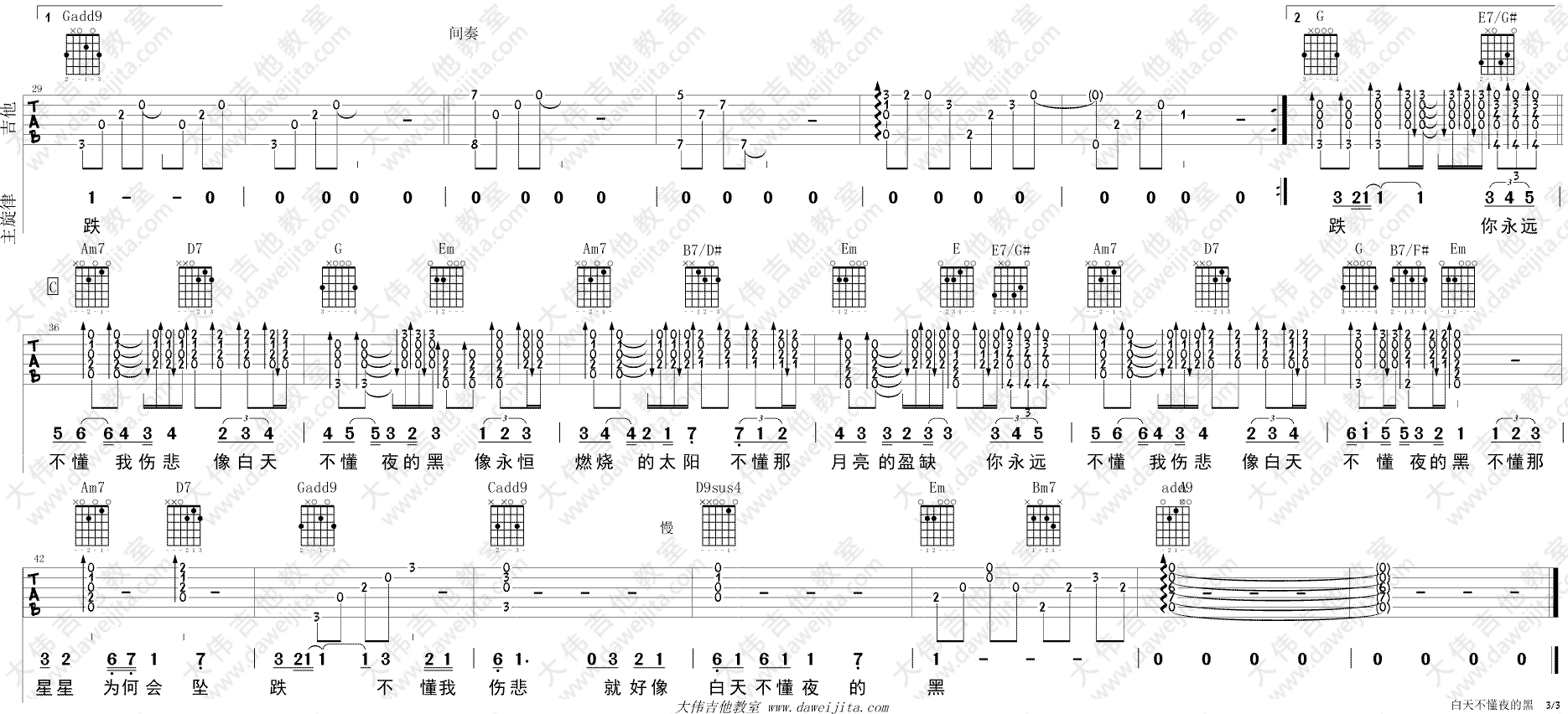 白天不懂夜的黑吉他谱_那英_G调原版六线谱_吉他弹唱演示