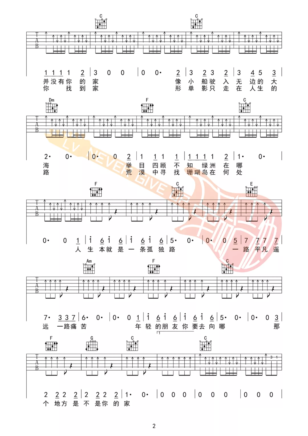 年轻的朋友你要去向哪吉他谱_C.S.B.Q._C调六线谱_吉他弹唱教学