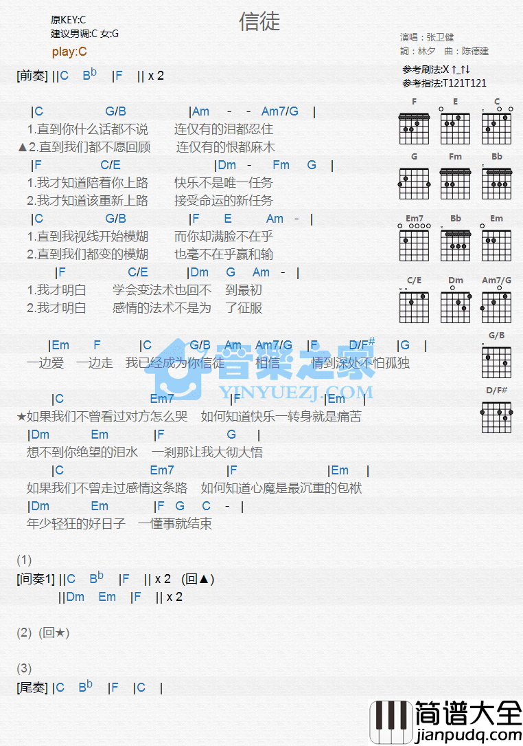 信徒吉他谱_G调和弦谱_音乐之家编配_张卫健