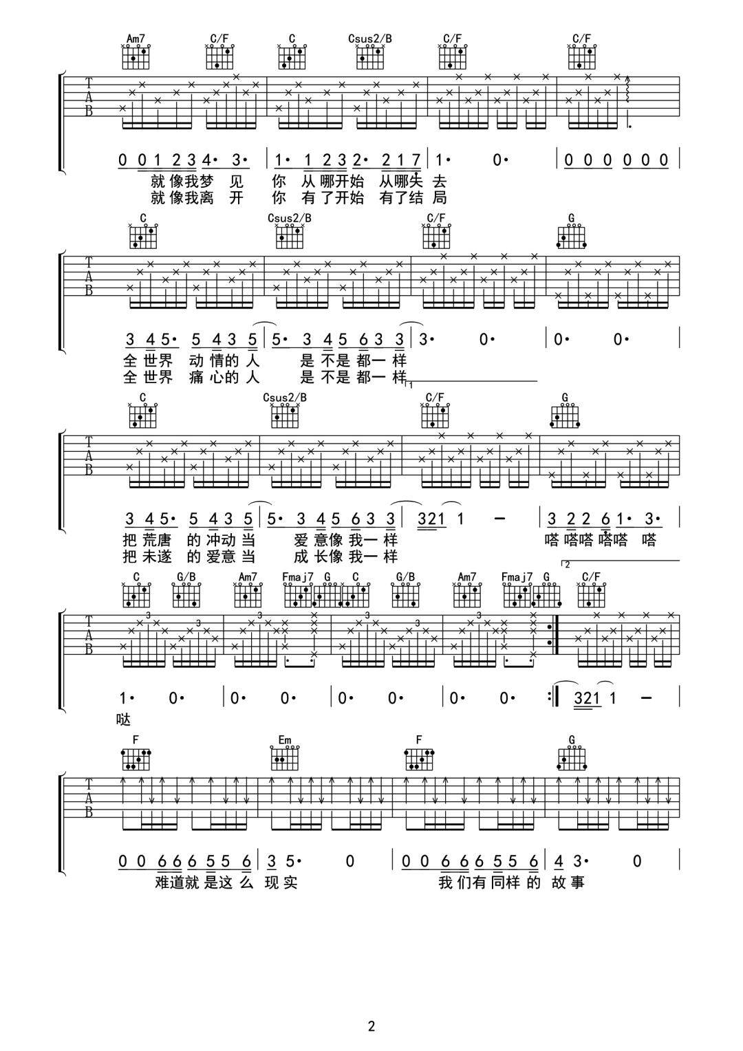 像我一样吉他谱_廖峻涛_C调原版弹唱谱_图片谱